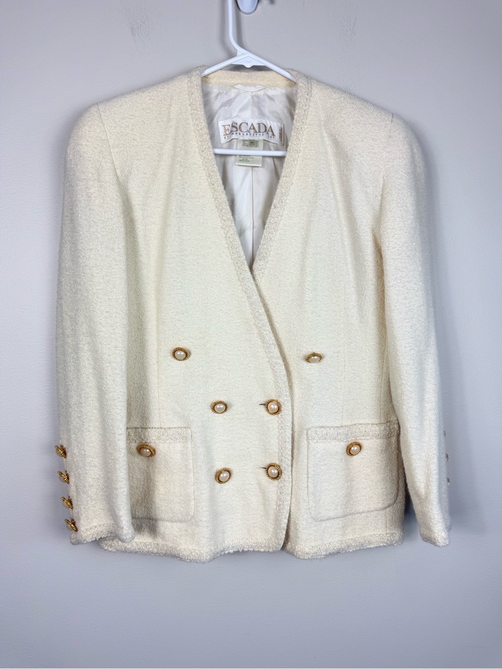 Escada Ivory Double Breasted Blazer Womens 38 Vintage Peal Gold Buttons Grandma